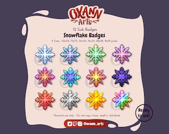 May include: Twelve snowflake badges in various colors, including blue, purple, red, yellow, and white. The badges are in six different sizes, ranging from 18x18 pixels to 112x112 pixels. The text "OXANN Arts" and "12 Sub Badges" is at the top of the image. The text "Snowflake Badges" is in a larger font size and is below the text "12 Sub Badges". The text "6 Sizes: 112x112, 72x72, 56x56, 36x36, 28x28, 18x18 pixels" is below the text "Snowflake Badges". The text "Personal use only. Do not copy, trace, resell or distribute" is at the bottom of the image. The text "@oxann_arts" is below the text "Personal use only. Do not copy, trace, resell or distribute". The text "Ready to use!" is in a circle at the bottom right of the image.