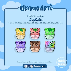 6 insignias de suscripción a Twitch: insignias de cupcakes de gato, insignias de gato, fragmentos de gatos de copa, insignias de porristas, insignias de chat, insignias de fragmentos, paquete de gestos, arte kawaii lindo