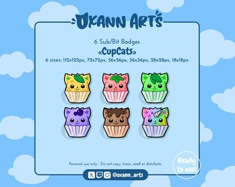 May include: Six colourful cartoon cat cupcake character badges in various sizes. The badges are ready to use for Twitch or other streaming platforms.