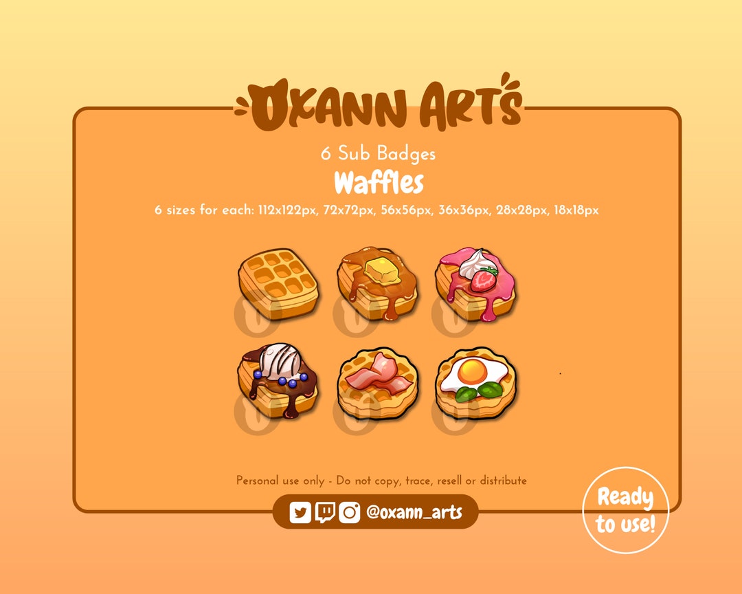 6x WAFFLES SUB BADGES for Twitch Streaming Cheer Badges Yummy Cookies