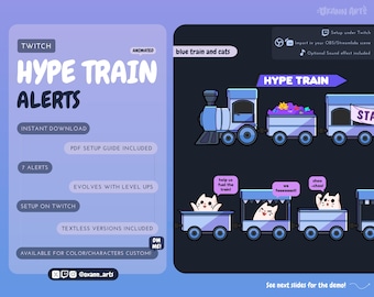 May include: Animated Twitch hype train alerts with a blue train and cats. The train is made up of seven cars, each with a different design. The first car is a locomotive with a cat conductor. The second car is a boxcar filled with stars. The third car is a flatcar with a cat riding a skateboard. The fourth car is a boxcar with a cat holding a sign that says "we foooncast!" The fifth car is a boxcar with a cat holding a sign that says "choo-choo!" The sixth car is a boxcar with a cat holding a sign that says "help us fuel the train!" The seventh car is a boxcar with a cat holding a sign that says "STA".