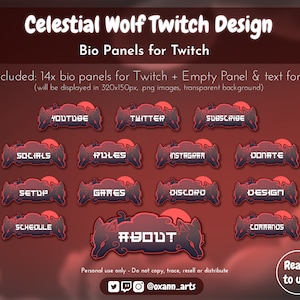 Op de afbeelding: Een set van 14 Twitch bio-panelen met een wolf-ontwerp in een rood-zwart kleurenschema. De panelen bevatten tekst zoals "YouTube", "Twitter", "Abonneren", "Social Media", "Regels", "Instagram", "Doneren", "Instellen", "Spellen", "Schema", "Discord", "Ontwerp", "Opdrachten" en "Over".