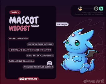 May include: Animated Twitch mascot widget featuring a blue dragon with a black wing. The widget includes 13 events and chat commands, customizable text bubbles, and commands. The text "DM ME!" is visible in the image.