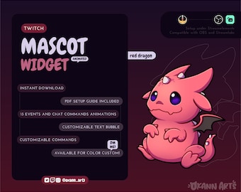 May include: Animated red dragon mascot widget for Twitch. The widget features a cute, cartoon-style red dragon with large eyes and a small wing. The text "DM ME!" is visible in a speech bubble. The widget is customizable with text and commands.