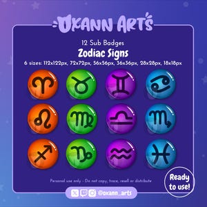 12x ZODIAC SIGN Sub Badges or Emotes for Twitch & Discord | Streaming Astrological channel points | Astrology design | Cheer / Bit Badges