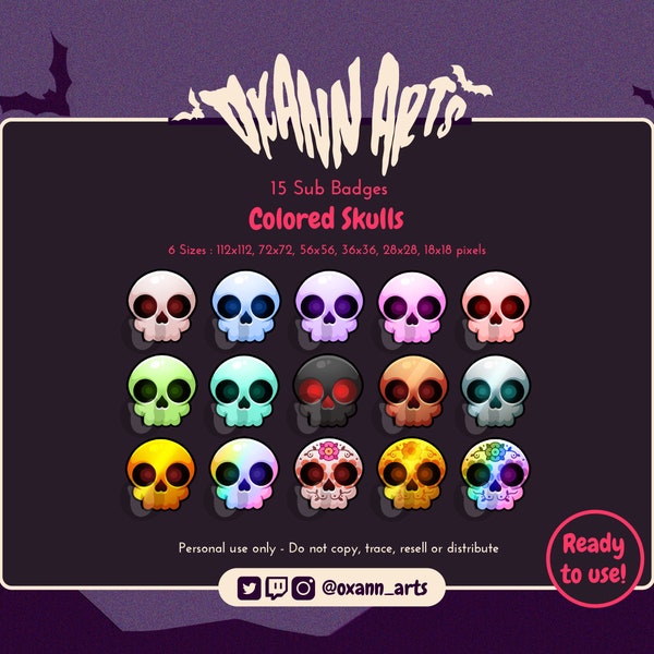 Skull Badges Pack - 15x Skeleton Sub Badges pour Twitch (et Discord) | Spooky Fall Cheer, Badges d’abonné et de bit / Emotes