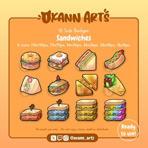 Pakiet 12 odznak SANDWICH - odznaki subskrybentów Sandwiches dla Twitch | Odznaki słodkiego jedzenia, subskrybenta i bitów / emotikony
