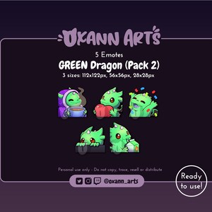 5x GREEN DRAGON Emotes for Twitch (Pack 2) - Cute Dragonflight emojis - Kawaii