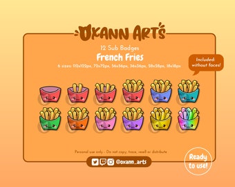 FRENCH FRIES Badges Pack - 11x kawaii Sub Badges für Twitch (und Discord) | Niedliche Essen, Abonnent und Bit Anstecker / Emotes