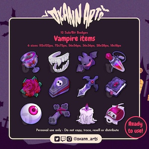 Può includere: Una collezione di 12 badge sub/bit a tema vampiro in varie dimensioni, tra cui un calice, zanne, un pipistrello, una pozione, una rosa, una bara, una spada, un libro, un bulbo oculare, una croce, una candela e una sacca di sangue. Il testo "Vampire items" è visualizzato.