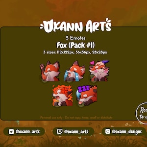 5x RED Fox Emotes (Pack 1) for Twitch - Cute baby Red Fox - Kawaii kitsune / wolf / dog