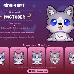 GREY WOLF PNG-knolmodel | Leuke Stream Mascot 5 Expressions voor OBS of Streamlabs | Hondenharige Twitch Streamer | Vtuber