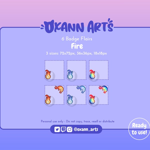 FIRE FLAIRS for Twitch badges | 6x cute Yokai style fireballs for Tier 2  and 3 sub badges