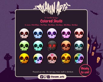 15x Skull Badges Pack - Skeleton Sub Badges for Twitch (and Discord) | Spooky Fall Cheer, Subscriber and Bit Badges / Emotes