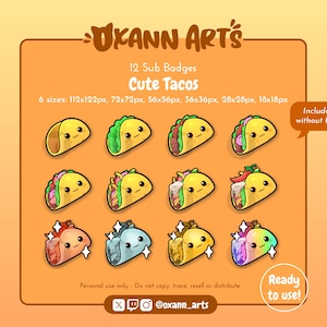 12x TACOS Badges Pack - kawaii Sub Badges for Twitch (and Discord) | Cute food, Subscriber and Bit Badges / Emotes