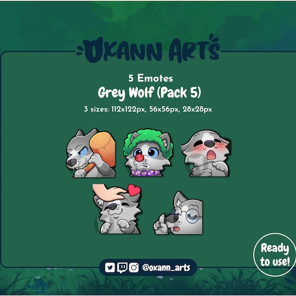 5x GREY Wolf Emotes Pack for Twitch - Cute baby wolf - Kawaii wolf or Husky dog (Pack 5)