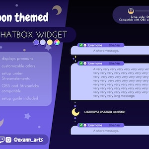 Widżet CHATBOX dla TWITCH - nakładka czatu z motywem KSIĘŻYCA i nieba ze zdarzeniami | Możliwość dostosowania kolorów | Uroczy widżet czatu dla Twojego strumienia