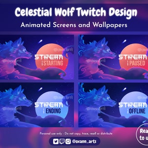 CELESTIAL WOLF - Animated Twitch  Screens| Stream Package | Ready to use &quot;Starting&quot;, &quot;Paused&quot; & &quot;Offline&quot; | Beautiful Wolf Art for streamers