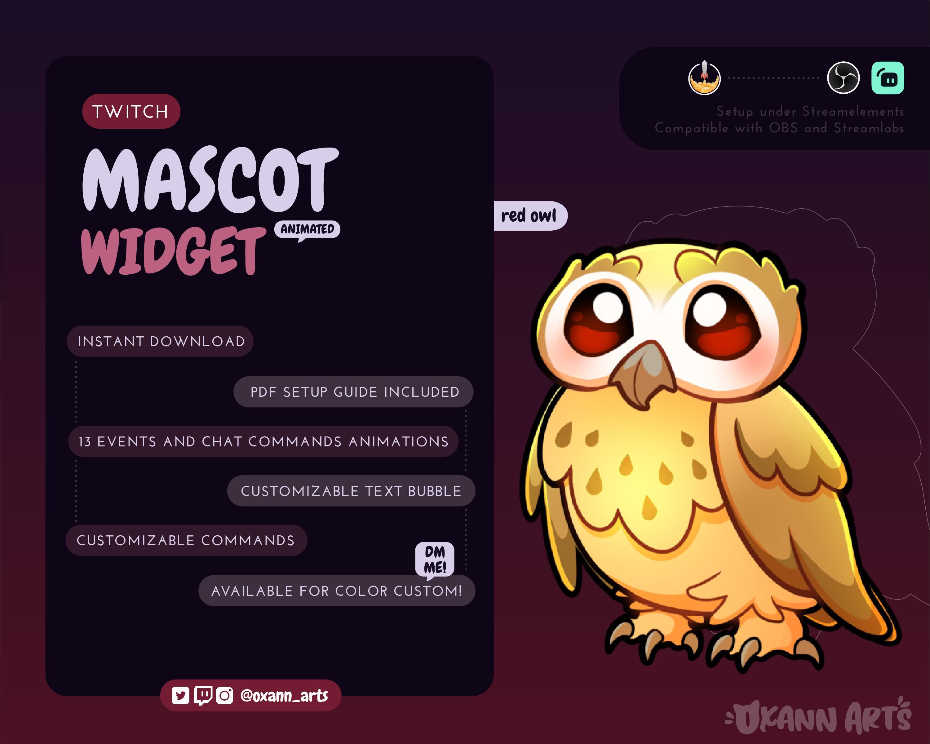 Animated Red Owl Stream Mascot: Chibi Twitch Pet, Customizable Streamelements Widget (Instant Downlo