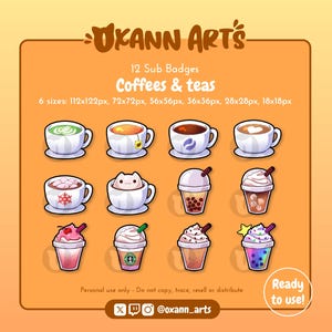 12 x KOFFIE- en THEE-badgespakket - warme dranken Kawaii-subbadges voor Twitch (en Discord) | Leuke etenswaren, abonnee- en bitbadges/emotes