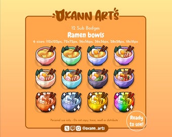 Puede incluir: Doce insignias de cuencos de ramen de colores en seis tamaños diferentes. Las insignias presentan varios ingredientes, incluidos huevos, algas marinas y carne. El texto "Ramen bowls" se muestra encima de las insignias, y el texto "12 Sub Badges" se muestra encima del texto "Ramen bowls".