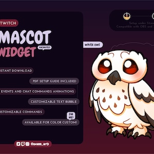 May include: A digital product advertisement for a Twitch mascot widget. The design features a cartoon white owl with red eyes and a black beak. Text includes "MASCOT WIDGET ANIMATED", "Instant Download", and "Customizable Commands".