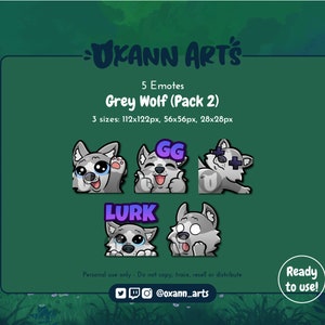 5x GREY Wolf Emotes Pack for Twitch - Cute baby wolf - Kawaii wolf or Husky dog (Pack 2)