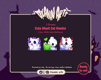 May include: Three animated ghost cat emotes with different expressions. The emotes are in three sizes: 112x112, 56x56, and 28x28 pixels. The emotes are ready to use.