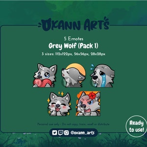 5x GREY Wolf Emotes Pack for Twitch - Cute baby wolf - Kawaii wolf or dog (Pack 1)