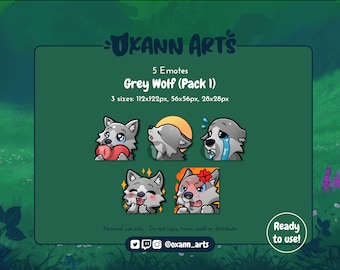 5x GREY Wolf Emotes Pack for Twitch - Cute baby wolf - Kawaii wolf or dog (Pack 1)