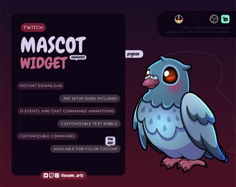 Puede incluir: Gráfico digital para Twitch con una paloma de dibujos animados. El texto dice "MASCOT WIDGET" con opciones de descarga instantánea, guía de configuración PDF, 13 animaciones de eventos, burbujas de texto personalizables y comandos. Compatible con OBS y Streamlabs.