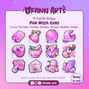 12 stuks PINK WITCH-items Badges of emotes voor Twitch | Streaming cheer-badges | Cute Cosy Fantasy-objecten Kanaalpunten | Bitbadges