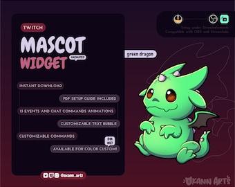 May include: Animated green dragon mascot widget for Twitch. The widget features a cute, cartoon-style green dragon with large eyes and a small, black wing. The text "green dragon" is displayed above the dragon. The text "DM ME!" is displayed in a small, white box in the lower right corner of the image. The text "Setup under Streamelements. Compatible with OBS and Streamlabs" is displayed in the upper right corner of the image.