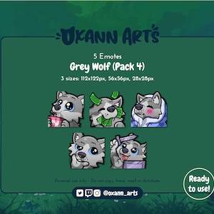 5x GREY Wolf Emotes Pack for Twitch - Cute baby wolf - Kawaii wolf or Husky dog (Pack 4)