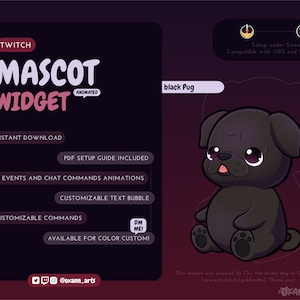 Black PUG Mascot / STREAM PET for Twitch | Cute animated dog customizable widget | Streamelements widget for obs/Streamlabs