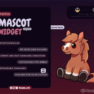 Könnte beinhalten: Animiertes Twitch-Maskottchen-Widget mit einem Cartoon-Sorrel-Pferd. Das Widget enthält 13 Events und Chat-Befehle, anpassbare Textblasen und Befehle. Das Widget ist für die Farbgestaltung anpassbar. Der Text "DM ME!" ist im Bild enthalten.