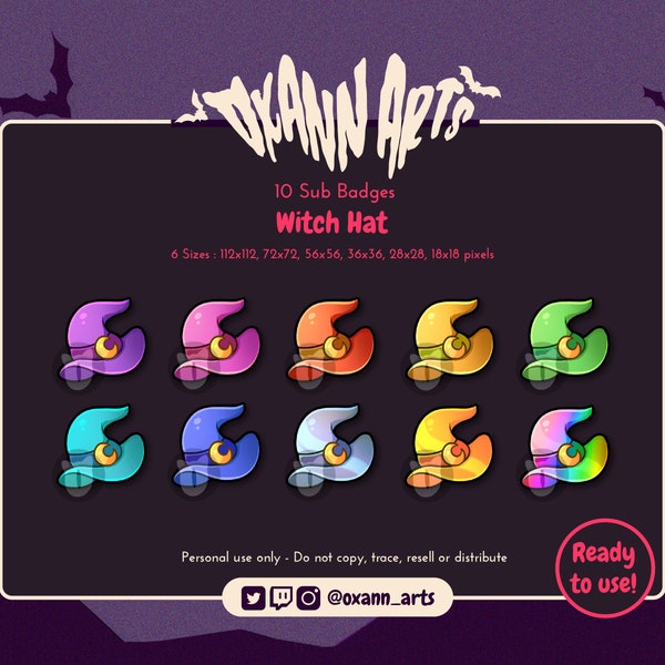 Witch Hat Badges Pack - 10x Wizard Sub Badges for Twitch (and Discord) | Spooky Fall Cheer, Subscriber and Bit Badges / Emotes