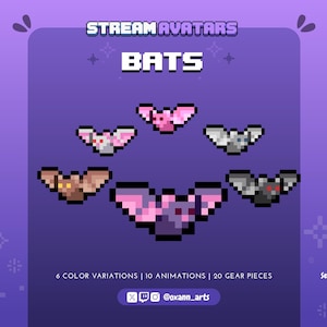 Peut inclure: Graphique violet avec des chauves-souris pixélisées de différentes couleurs, dont rose, marron et gris. Le texte "STREAM AVATARS" et "BATS" est en haut. Le graphique comprend également le texte "6 VARIATIONS DE COULEURS | 10 ANIMATIONS | 20 PIÈCES D'ÉQUIPEMENT".