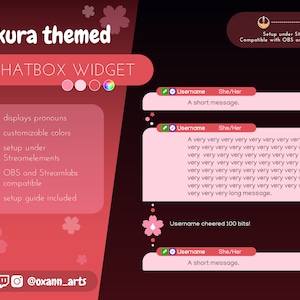 Widżet CHATBOX dla TWITCH - nakładka czatu z motywem SAKURA / Kwitnącej wiśni i wydarzeniami | Możliwość dostosowania kolorów | Uroczy widżet czatu dla Twojego strumienia