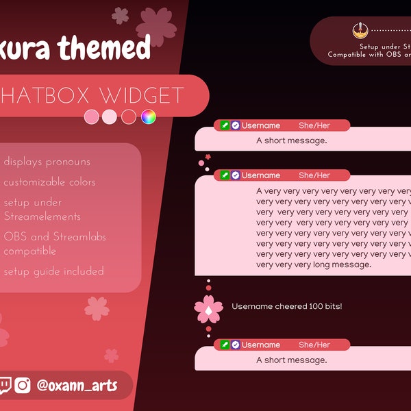 Widget CHATBOX para TWITCH - SAKURA / Superposición de chat con temática de flor de cerezo con eventos / Colores personalizables / Lindo widget de chat para tu transmisión