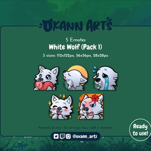 5x WHITE Wolf Emotes Pack for Twitch - Cute baby wolf - Kawaii wolf or dog (Pack 1)