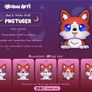 RED & White WOLF PNGtuber Model | Cute Stream Mascot 5 Expressions for OBS or Streamlabs | Dog Husky Furry Twitch Streamer | Vtuber