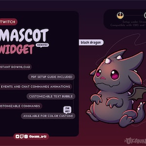 BLACK DRAGON Maskottchen / Stream Pet für Twitch | Niedliches Fantasy-Rollenspiel animiertes anpassbares Widget | Streamelement-Widget für OBS/Streamlabs