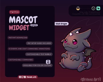 May include: Animated Twitch mascot widget featuring a black dragon with pink eyes. The widget includes 13 events and chat commands, customizable text bubbles, and commands. It is available for color customization. The text "DM ME!" is included in the image.