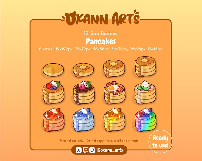 Pu&ograve; includere: Dodici illustrazioni di pancake colorati in diverse dimensioni, perfette per essere utilizzate come badge di abbonamento Twitch o Discord. Le illustrazioni presentano diversi condimenti, tra cui bacche, panna montata e pancetta. Il testo "12 Sub Badges Pancakes" e "6 dimensioni: 112x122px, 72x72px, 56x56px, 36x36px, 28x28px, 18x18px" &egrave; incluso nell'immagine.