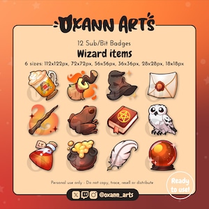 12x WIZARD items Badges or Emotes for Twitch | Streaming cheer badges | Cute Cozy Fantasy Witch objects Channel points | Bit Badges