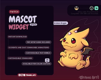 May include: Animated Twitch mascot widget featuring a bronze dragon with red eyes and black wings. The widget includes 13 events and chat commands, customizable text bubbles, and commands. It is available for color customization. The text "DM ME!" is included in the image.