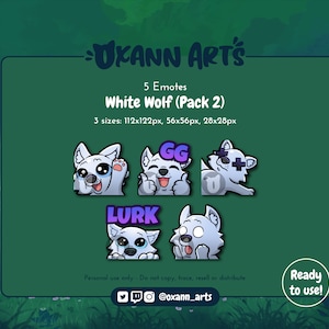 5x WHITE Wolf Emotes Pack for Twitch - Cute baby wolf - Kawaii wolf or dog (Pack 2)