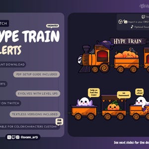 Może przedstawiać: Animowana grafika Twitch Hype Train Alerts. Projekt przedstawia pomarańczowy pociąg z postaciami dyni i duchów. Tekst zawiera "Hype Train Alerts", "Natychmiastowe pobieranie" i "Konfiguracja na Twitchu."