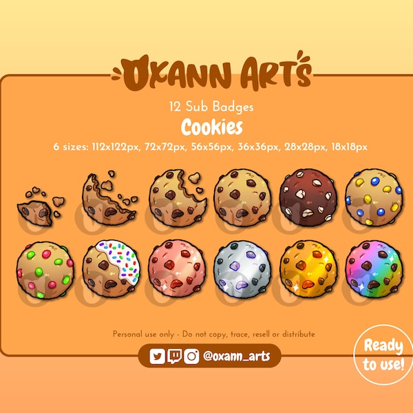 12x COOKIE SUB BADGES dla Twitcha (duży pakiet) | Streaming cheer odznaki | Pyszne ciasteczka